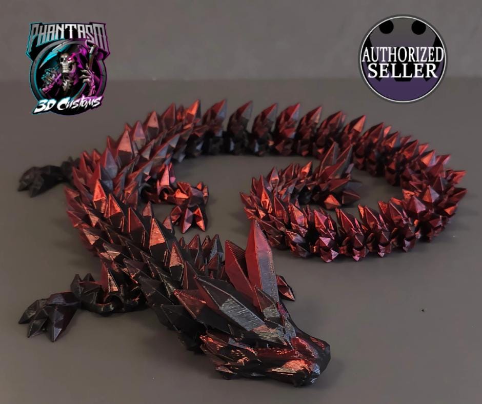 3D Printed Crystal Dragon - Sinister Black/Red - 27 inches long!