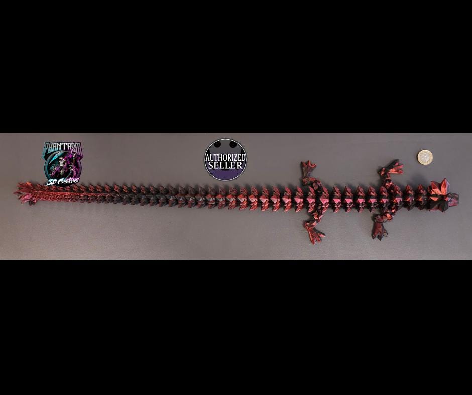 3D Printed Crystal Dragon - Sinister Black/Red - 27 inches long!